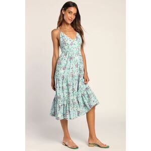 Lulus Bliss Abound Light Blue Floral Tiered Midi Dress Size Medium